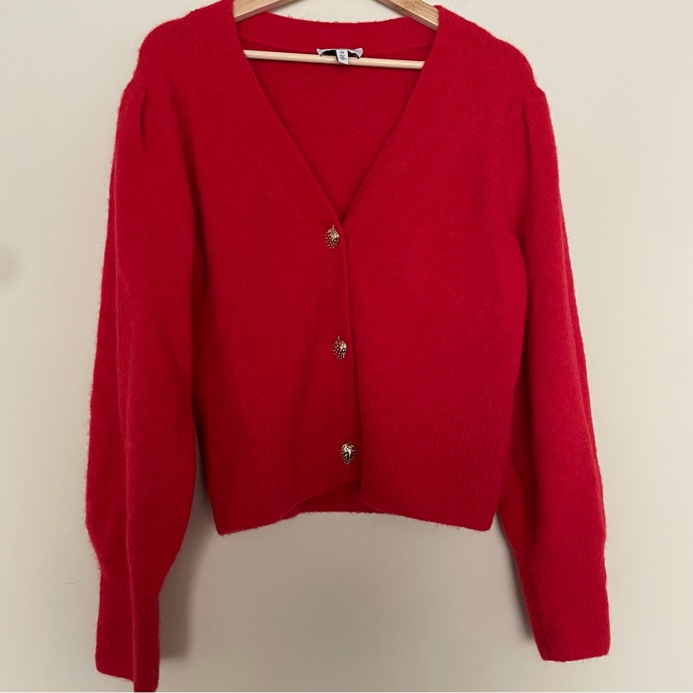 & Other Stories Red Strawberry Puff Sleeve Cardigan Womens Size M